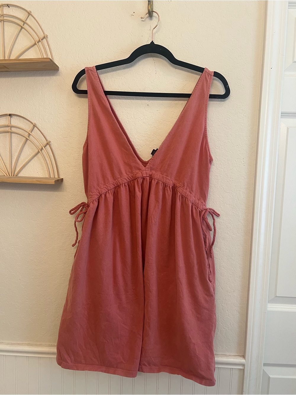 Wild Fable Pink Cotton Mini Dress Size L Deep V Tie Waist Cottagecore